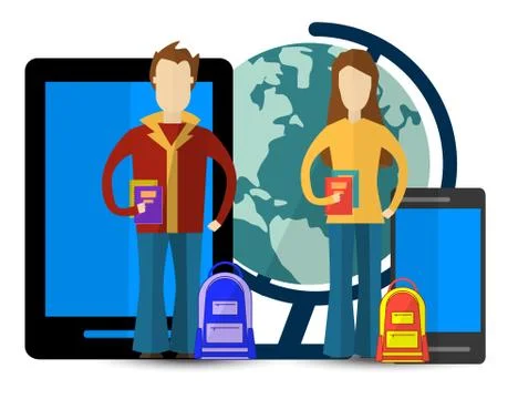 Flat vector illustration for e-learning and online education with Men and Wom イラスト素材