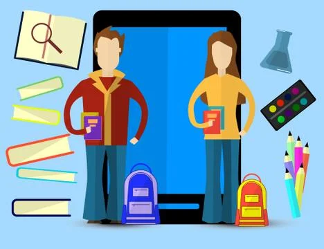 Flat vector illustration for e-learning and online education with Men and Wom イラスト素材