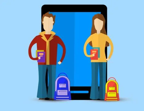 Flat vector illustration for e-learning and online education with Men and Wom Stock Illustration