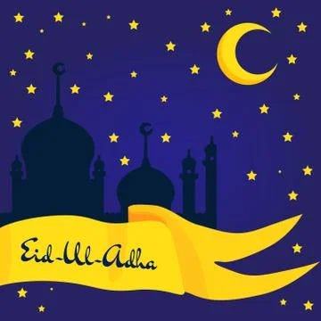 Flat Vector Illustration of Eid ka Chand Mubarak with mosque silhouette Stock Illustration