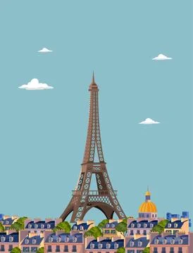 Flat Vector Illustration of the Eiffel Tower and Paris Cityscape Stock Illustration