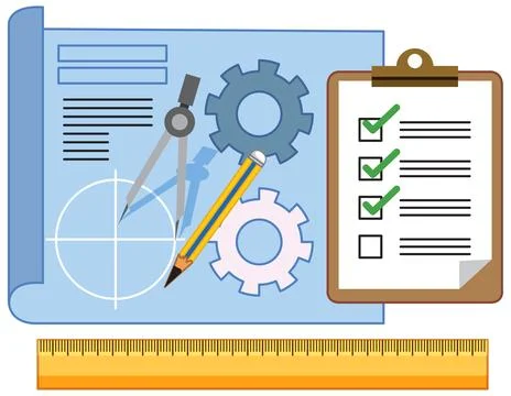 Flat vector illustration of engineering blueprint, gears, compass, pencil, ru Stock Illustration