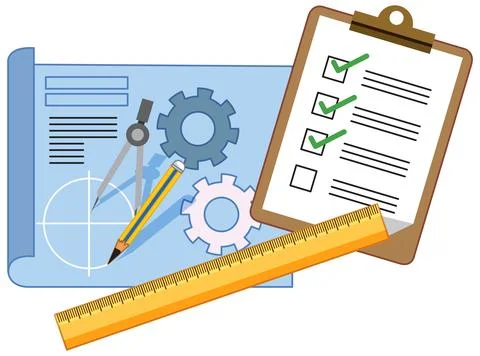 Flat vector illustration of engineering blueprint, checklist clipboard, ruler Stock Illustration