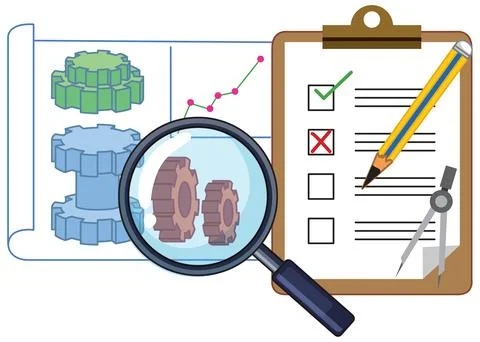 Flat vector illustration of engineering tools including magnifying glass, tec Stock Illustration