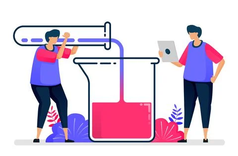 Flat vector illustration of experiment with test tubes and beakers. Chemistry Stock-Illustration