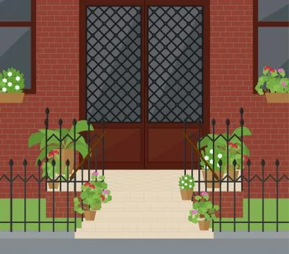 Flat vector illustration of facade doors with stairs Stock Illustration