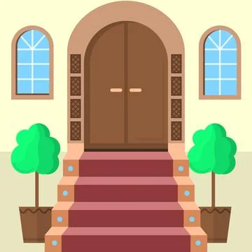 Flat vector illustration of facade doors with stairs Brown wooden arch doo... Stock Photos