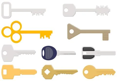 Flat vector illustration featuring a collection of vintage and modern keys .. Stock Illustration