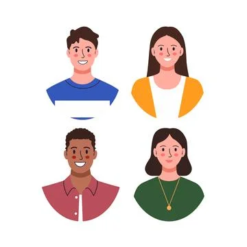 Flat vector illustration featuring a diverse group of four smiling young pe.. Illustration