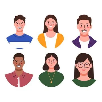 Flat vector illustration featuring a diverse set of smiling character avata.. Stock Illustration