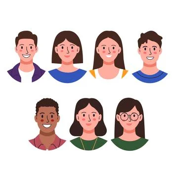 Flat vector illustration featuring a diverse set of smiling character avata.. Stock Illustration