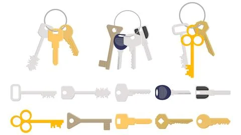 Flat vector illustration featuring multiple keyrings with assorted house an.. Stock Illustration