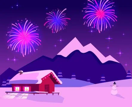 Flat vector illustration of fireworks over mountain landscape with one-story  스톡 일러스트