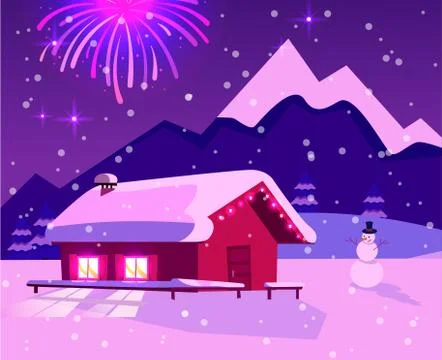 Flat vector illustration of fireworks over mountain landscape with one-story  Stock Illustration
