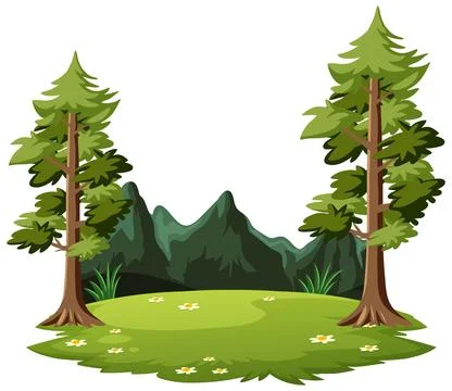 Flat Vector Illustration of a Forest Clearing with Pine Trees and Mountains Stock Illustration