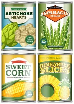 Flat vector illustration of four assorted organic canned food tins with color Stock Illustration