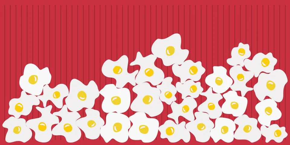 Flat vector illustration of fried eggs piled on a red striped background Stock Illustration