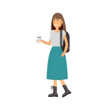 Flat vector illustration girl having a coffee and walking. Stock Illustration