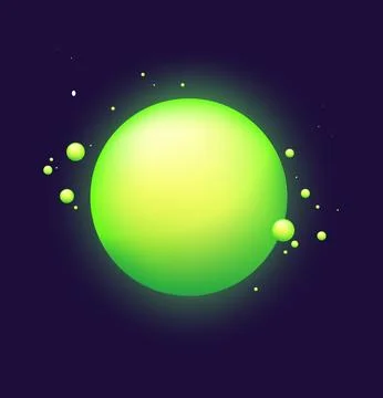 A flat vector illustration of a glowing green planet in space surrounded by.. Stock Illustration