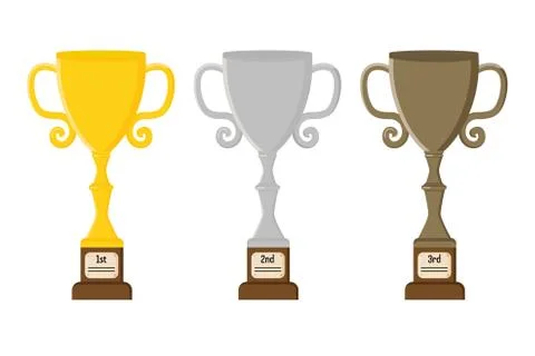 Flat vector illustration of gold silver and bronze trophy cup on white backgr Illustrazione stock