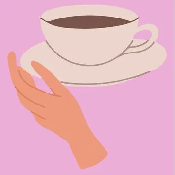 Flat vector illustration of hand holding coffee cup with saucer. Wrist keep t Stock Illustration