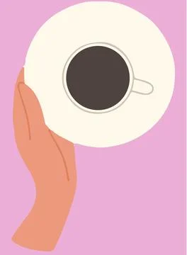 Flat vector illustration of hand holding white saucer and cup. Top view of cr Stock Illustration