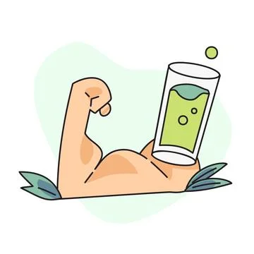 Flat vector illustration, hands clenched healthy by drinking fruit juice. Stock Illustration