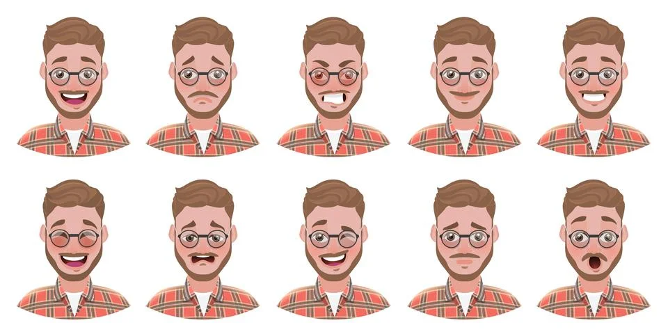 Flat Vector Illustration of Handsome Bearded Man. Stock Illustration