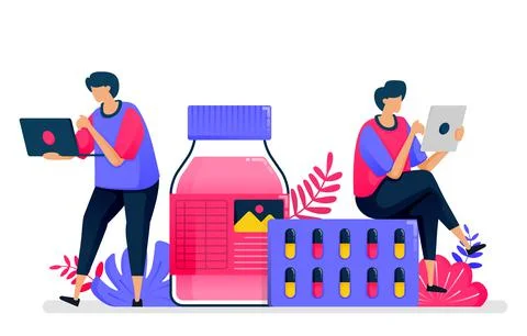 Flat vector illustration of health services. Liquid medicine, pill and drug p Stock-Illustration