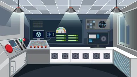 Flat vector illustration of a high-tech laboratory control room with monitors 스톡 일러스트