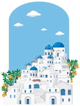 Flat vector illustration of a hillside Mediterranean town with white architec Stock Illustration