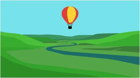Flat vector illustration of a hot air balloon flying over a green valley Stock Illustration