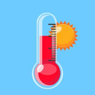 Flat Vector Illustration of Hot Temperature Thermometer with Sun Stock Illustration