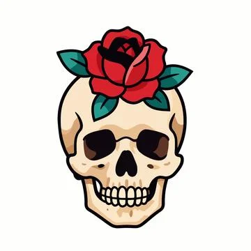 Flat vector illustration of a human skull with a red rose blooming from the.. 库存插图