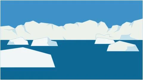 Flat vector illustration of icebergs floating in a deep blue ocean with mou.. Stock Illustration