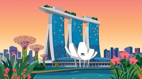 Flat vector illustration of iconic Singapore landmarks under a warm sunset sk Stock Illustration