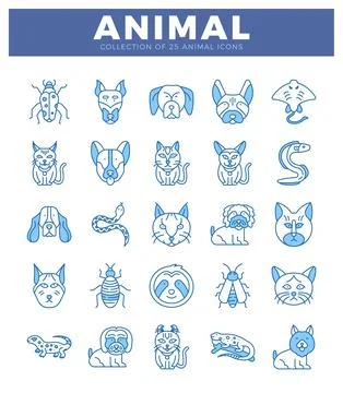 Flat vector illustration icons of various animals. arranged in a grid on a .. Stock Illustration