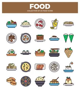 Flat vector illustration icons of various foods arranged in a grid pattern .. Stock Illustration