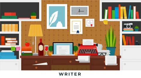 Flat vector illustration interior of the room writer, creative person. Stock Illustration