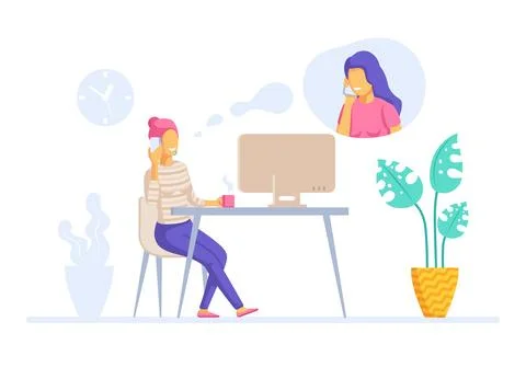 Flat vector illustration isolated on white background, a woman is sitting at  Illustrazione stock