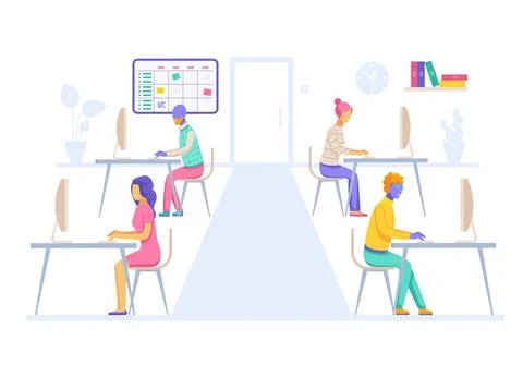 Flat vector illustration isolated on white background, people work on compute Stock Illustration