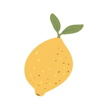 Flat vector illustration of a juicy yellow lemon with green leaf. Isolated .. Stock Illustration