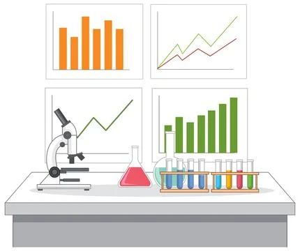 Flat vector illustration of laboratory equipment with microscope and data cha Illustrazione stock