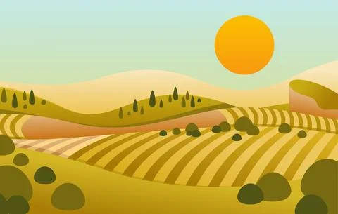 Flat vector illustration of landscape hill with sunset view and beautiful yel Stock Illustration