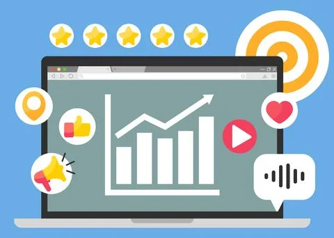 Flat vector illustration of a laptop screen with social media analytics Stock Illustration