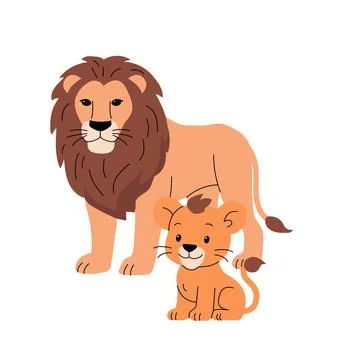 Flat vector illustration of a lion and cub. The adult lion has a dark brown mane Illustrazione stock