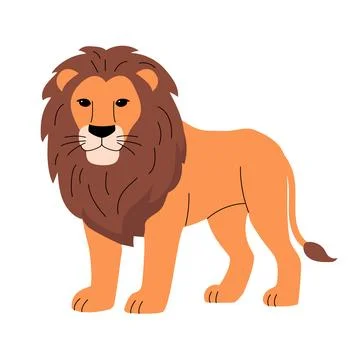 Flat vector illustration of a lion with a thick dark brown mane and orange body Stock Illustration