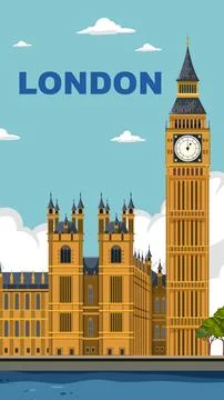 Flat Vector Illustration of London Cityscape with Iconic Big Ben Tower Stock Illustration