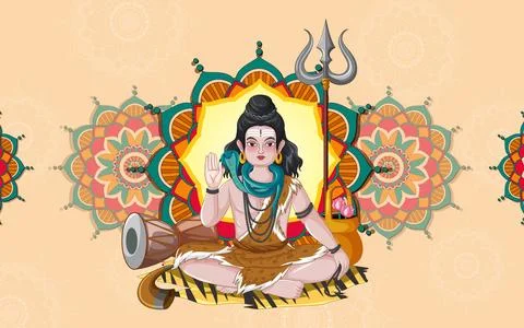 A flat vector illustration of Lord Shiva meditating with a trident, drum, and Illustrazione stock