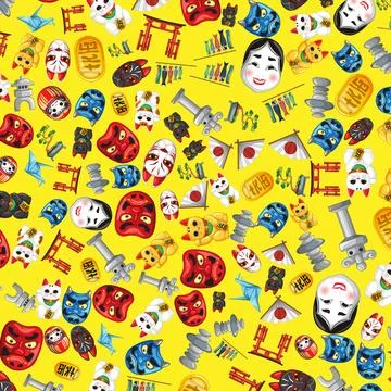 Flat vector illustration of lucky cats, masks, and shrines in a repeating pat Stock Illustration